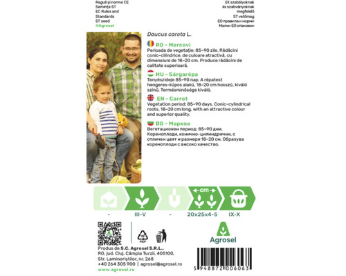 Verso plic semințe de morcov cu imaginea unei familii, semănat din martie până în mai, recoltat din septembrie până în octombrie și Agrosel Logo.