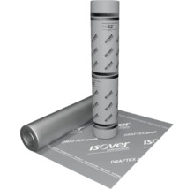 Membrană barieră de vapori ISOVER DRAFTEXT profi sub formă de rolă verticală și desfășurată.