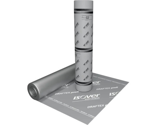Membrană barieră de vapori ISOVER DRAFTEXT profi sub formă de rolă verticală și desfășurată.