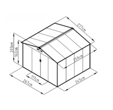 Schiță a unei căsuțe de grădină cu dimensiuni: lățime 267 centimetri, adâncime 245 centimetri, înălțime totală 203 centimetri.