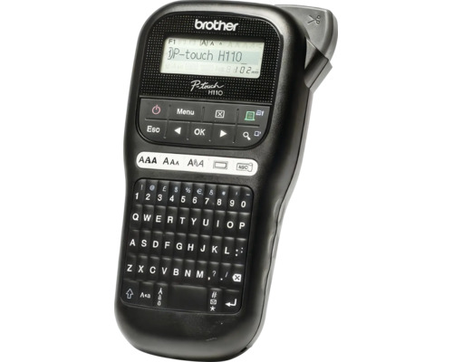 Aparat de etichetat Brother P-touch H110 cu tastatură QWERTY, ecran LCD și tăietor integrat.
