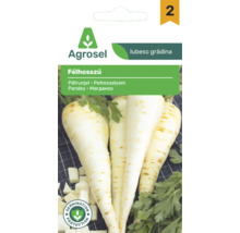Plic semințe pătrunjel de rădăcină Agrosel Félhosszú cu imaginea rădăcinilor și frunzelor, protecție pentru germinare și Agrosel Logo.