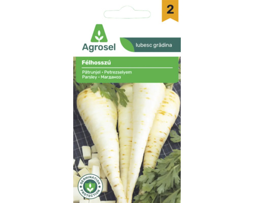 Plic semințe pătrunjel de rădăcină Agrosel Félhosszú cu imaginea rădăcinilor și frunzelor, protecție pentru germinare și Agrosel Logo.