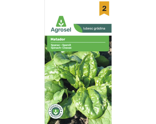 Agrosel Logo pe un plic de semințe de spanac Matador cu imaginea frunzelor de spanac și sigiliu de protecție a germinării.