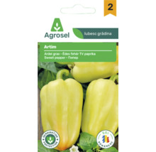 Agrosel Logo, plic de semințe pentru ardei gras Artim, imagine cu ardei galben deschis, sigilii pentru protecția germinației și soi românesc.