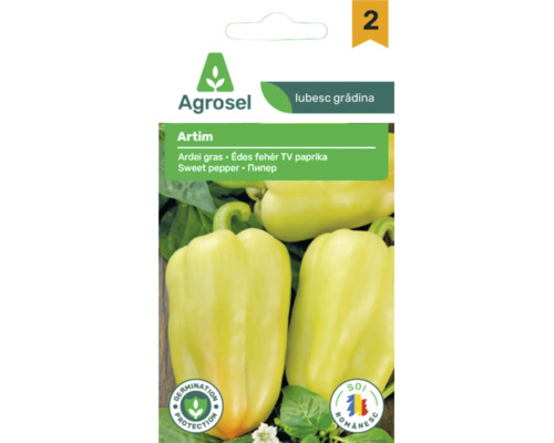 Agrosel Logo, plic de semințe pentru ardei gras Artim, imagine cu ardei galben deschis, sigilii pentru protecția germinației și soi românesc.