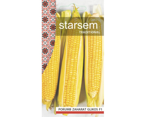 Plic de semințe Starsem Traditional pentru porumb zaharat Glikos F1, imagine cu știuleți de porumb galbeni.