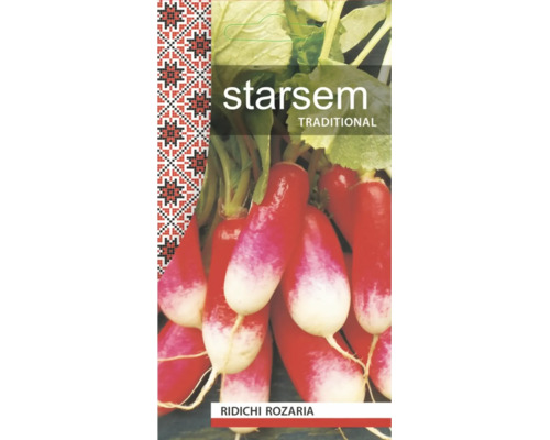 Plic de semințe starsem Traditional Ridichi Rozaria cu o imagine cu ridichi lungi și frunze verzi.