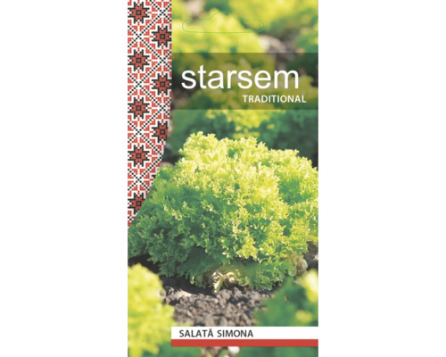 Plic de semințe Starsem pentru salată soiul Salată Simona cu imaginea unei salate verzi care crește în pământ.
