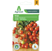 Agrosel Logo, plic semințe tomate Drops cu tomate cherry în coș, sigiliu protecție germinație și sigiliu pentru soi românesc.