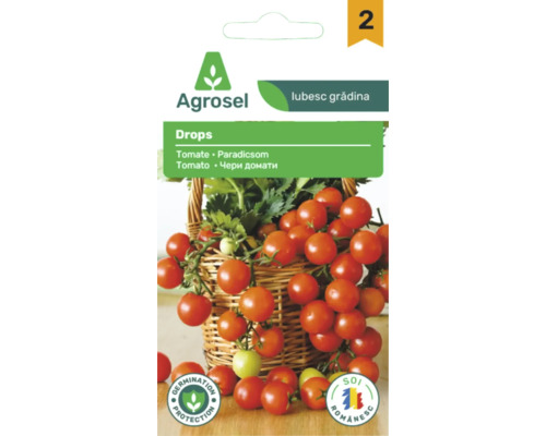 Agrosel Logo, plic semințe tomate Drops cu tomate cherry în coș, sigiliu protecție germinație și sigiliu pentru soi românesc.