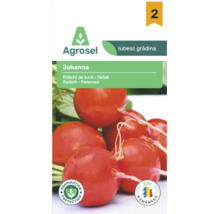 Agrosel Logo, semințe de ridichi Johanna, pachet cu ridichi roșii rotunde, simboluri pentru protecția germinației și soi românesc.