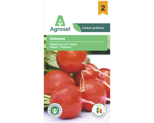 Agrosel Logo, semințe de ridichi Johanna, pachet cu ridichi roșii rotunde, simboluri pentru protecția germinației și soi românesc.