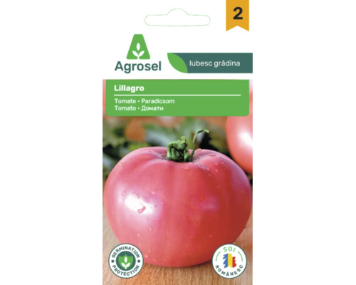 Plic cu semințe de tomate Lillagro de la Agrosel, cu imaginea unei tomate rotunde.