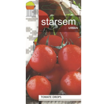 Plic cu semințe Starsem Urban roșii Drops cu imaginea unor roșii coapte și simbol pentru cultivare pe balcon.