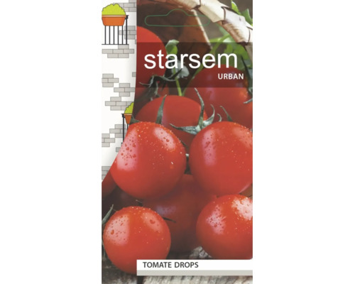 Plic cu semințe Starsem Urban roșii Drops cu imaginea unor roșii coapte și simbol pentru cultivare pe balcon.