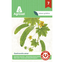 Plic de semințe Agrosel pentru castravete amar cu ilustrația plantei și fructelor, Logo Agrosel și sigiliu pentru plantă medicinală.