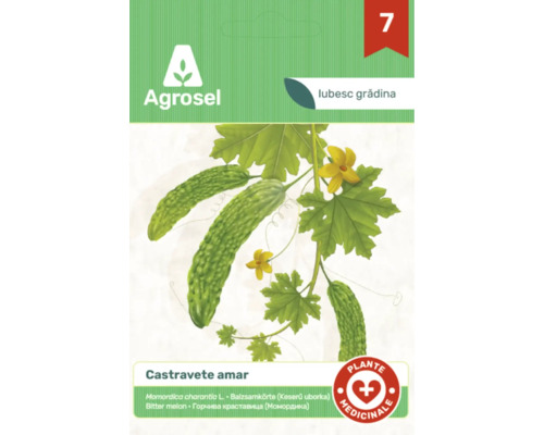 Plic de semințe Agrosel pentru castravete amar cu ilustrația plantei și fructelor, Logo Agrosel și sigiliu pentru plantă medicinală.
