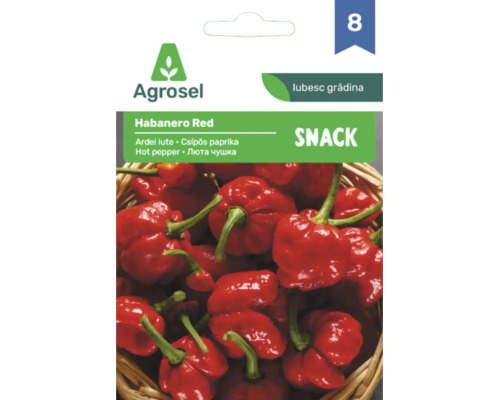 Plic semințe Agrosel Habanero Red, ardei iute cu o imagine cu ardei iuți roșii într-un coș împletit.