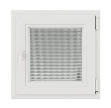 Fereastră din PVC albă cu geam ornamental, un canat, cu balamale pe dreapta și mâner pe stânga.