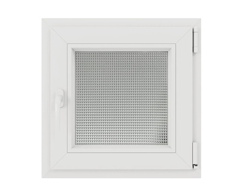 Fereastră din PVC albă cu geam ornamental, un canat, cu balamale pe dreapta și mâner pe stânga.