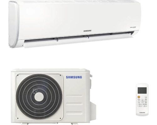 Set aparat de aer condiționat split Samsung care include unitate interioară, unitate exterioară și telecomandă.