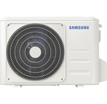 Unitate exterioară de aer condiționat Samsung cu grilă de ventilație rotundă.
