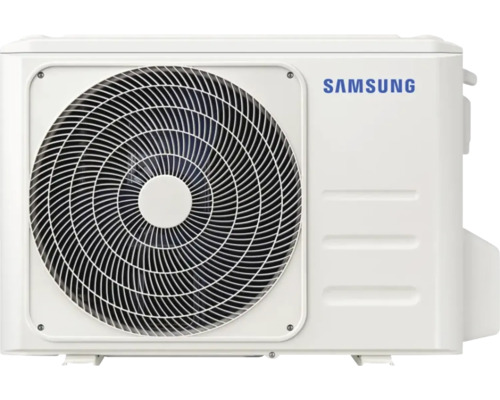 Unitate exterioară de aer condiționat Samsung cu grilă de ventilație rotundă.