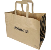 Sac de cumpărături din hârtie maro cu Hornbach Logo, dungi negre, mânere plate și certificare pentru gestionarea durabilă a pădurilor.