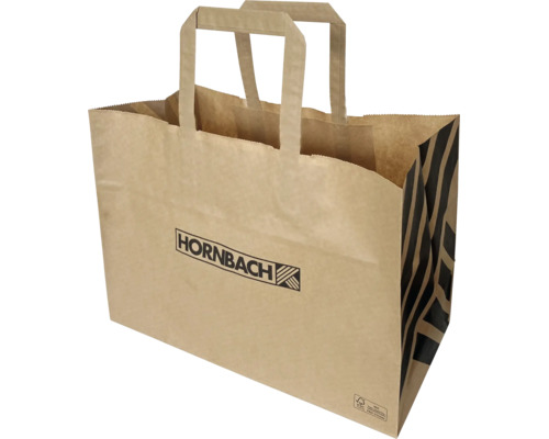 Sac de cumpărături din hârtie maro cu Hornbach Logo, dungi negre, mânere plate și certificare pentru gestionarea durabilă a pădurilor.