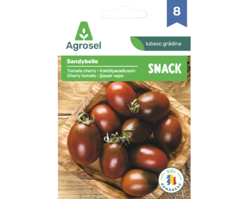 Plic de semințe pentru roșii cherry Sandybelle de la Agrosel, roșii snack închise la culoare într-un bol de lemn și sigiliu soi românesc.