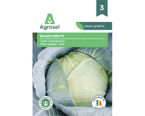 Plic cu semințe de varză albă Beverly Hills F1 de la Agrosel cu Agrosel Logo și o varză.