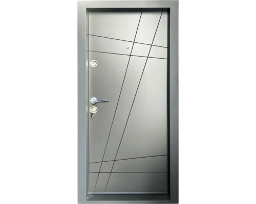 Ușă de intrare modernă cu model geometric de linii, mâner, încuietoare de siguranță cu cheie și vizor.