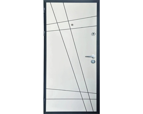 Ușă de intrare modernă albă cu model geometric de linii, toc închis la culoare, mâner argintiu și vizor.