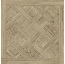 Placă de pardoseală pătrată cu aspect de lemn maro deschis și model de parchet în stil Versailles.