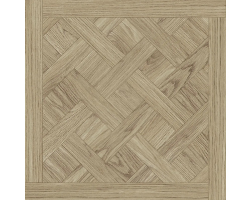 Placă de pardoseală pătrată cu aspect de lemn maro deschis și model de parchet în stil Versailles.