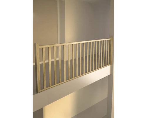 Balustradă din lemn cu bare verticale pentru galerie sau palier.
