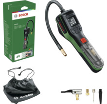 Pompă de aer cu acumulator Bosch PNEO 4 Volți cu afișaj digital, furtun, adaptoare de supapă și sac de depozitare lângă ambalaj.