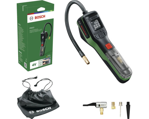 Pompă de aer cu acumulator Bosch PNEO 4 Volți cu afișaj digital, furtun, adaptoare de supapă și sac de depozitare lângă ambalaj.