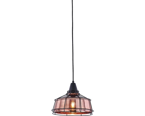 Lumină suspendată cu cușcă metalică și inserție de sticlă