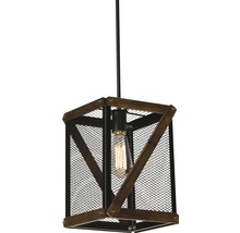 Lampa suspendată cu plasă metalică și cadru din lemn
