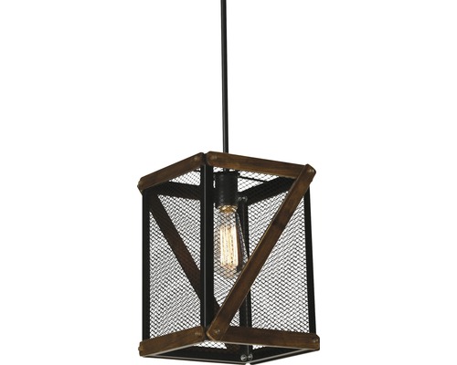 Lampa suspendată cu plasă metalică și cadru din lemn