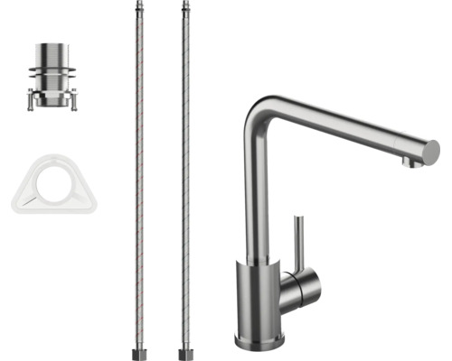 Baterie de bucătărie cu pipă în formă de L, manetă laterală, două furtunuri flexibile și accesorii de montare, aspect oțel inoxidabil.
