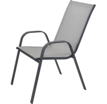Scaun de grădină de culoare antracit cu cotiere, cadru metalic și material textil gri.