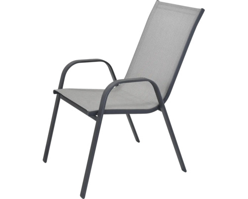 Scaun de grădină de culoare antracit cu cotiere, cadru metalic și material textil gri.