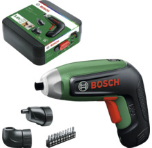 Set șurubelniță cu acumulator Bosch IXO cu adaptor unghiular, adaptor excentric, 10 biți și cutie de depozitare.