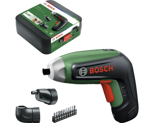 Set șurubelniță cu acumulator Bosch IXO cu adaptor unghiular, adaptor excentric, 10 biți și cutie de depozitare.