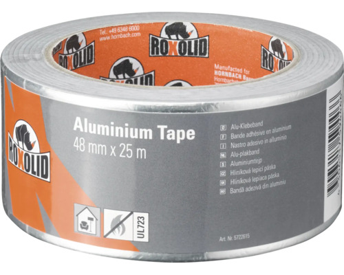 Bandă adezivă din aluminiu Roxolid, 48 milimetri pe 25 metri, rezistentă la căldură și adecvată pentru utilizare la interior.