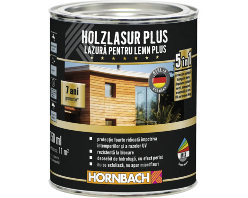 Hornbach lazură pentru lemn Plus, 750 mililitri pentru circa 11 metri pătrați, 7 ani protecție, hidrofugă, rezistentă la UV, Made in Germany.