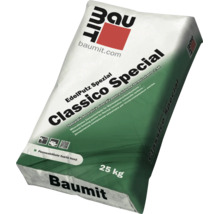 Un sac de 25 kilograme de tencuială decorativă minerală Baumit Classico Special pentru sisteme termoizolante.
